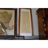 A pine framed pencil sketch of a nude female, sign