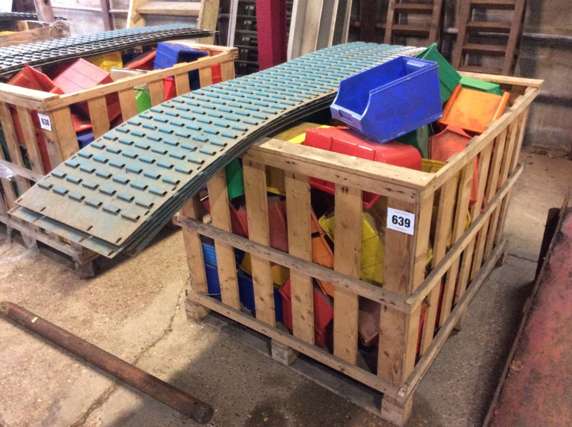 Large quantity of workshop dump bins and wall racking - Maxibi/Metabin/Barton.