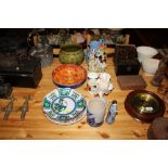 A blue lustre fruit bowl; a Staffordshire flat bac