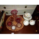 A quantity of various cranberry glass items, Norit