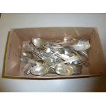 A box containing silver plated cutlery and two sil