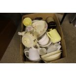 A box containing various kitchenware etc.