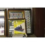 Three sets of framed and glazed cigarette cards; a