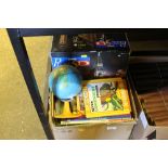 A box of children's books, 3D puzzle, a globe etc.