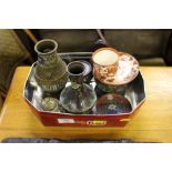 A tin containing two cloisonné vases and a miniature Canton tea pot etc.