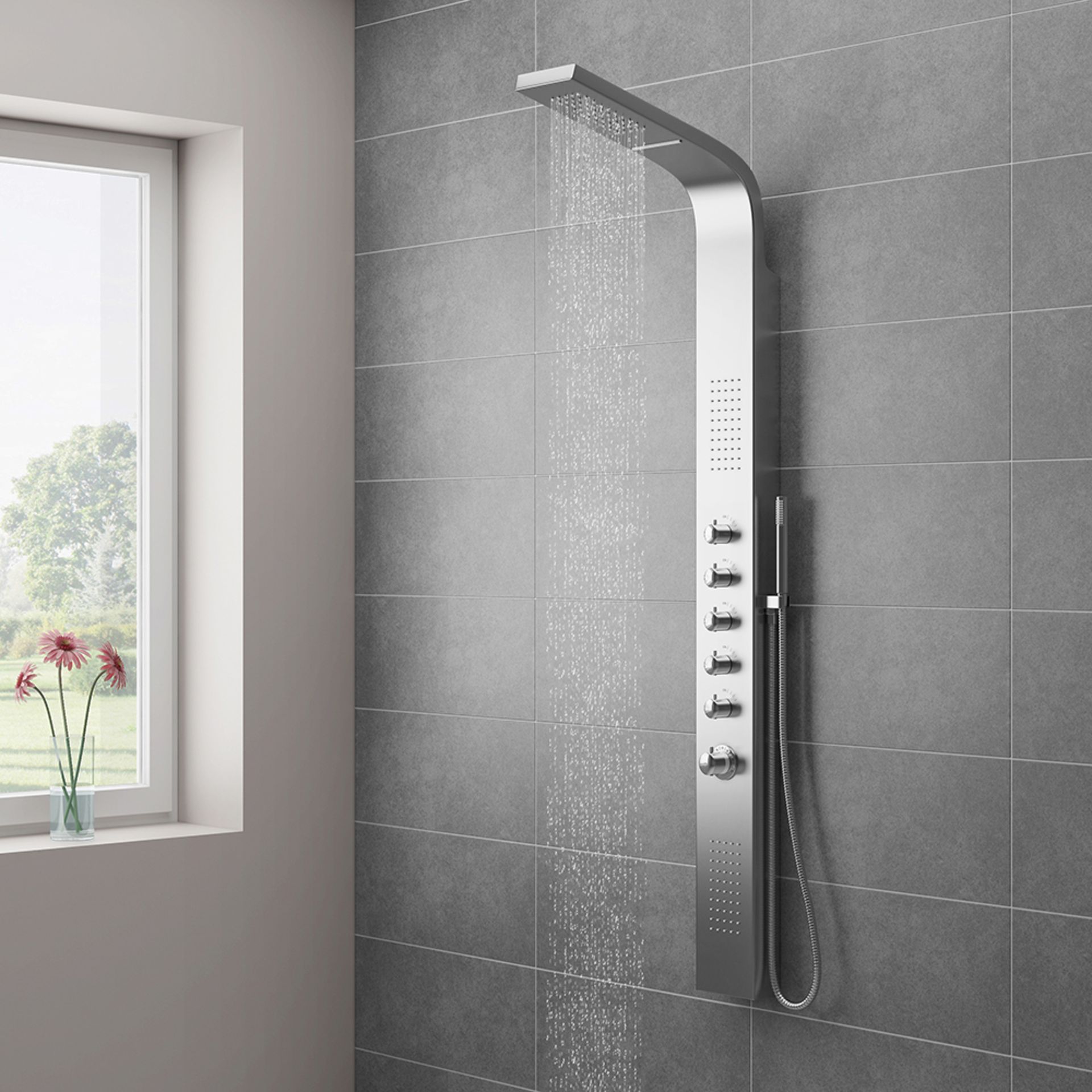 Designer multi functional thermostatic shower tower finished in brushed aluminium with 3 x needle - Image 5 of 5