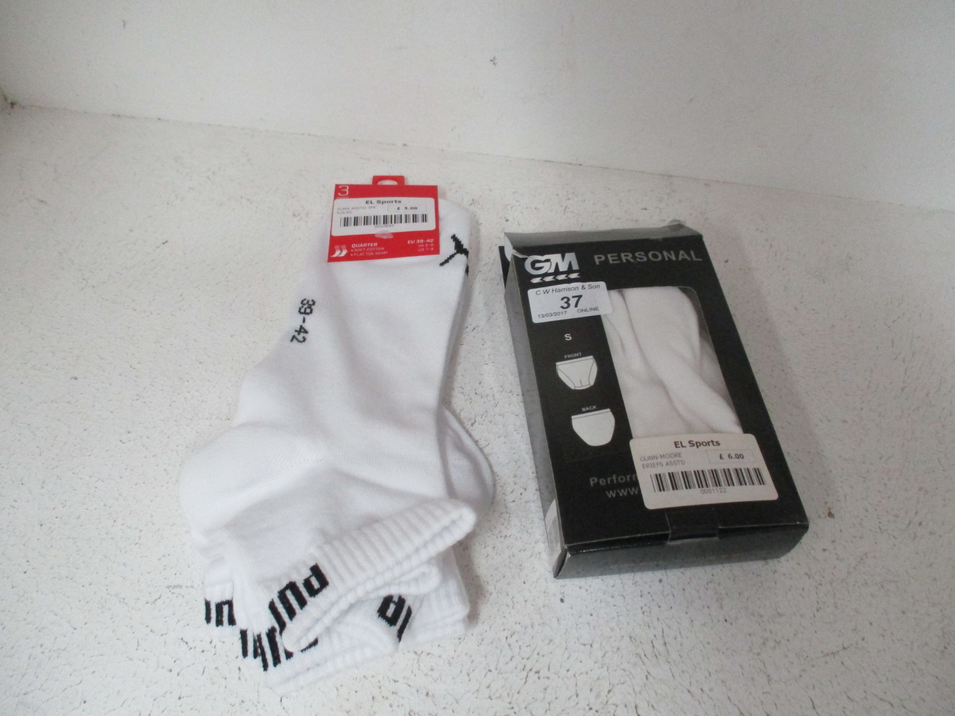 2 x items - a pair of GM Personal briefs size S and a pack of three Puma ankle socks
