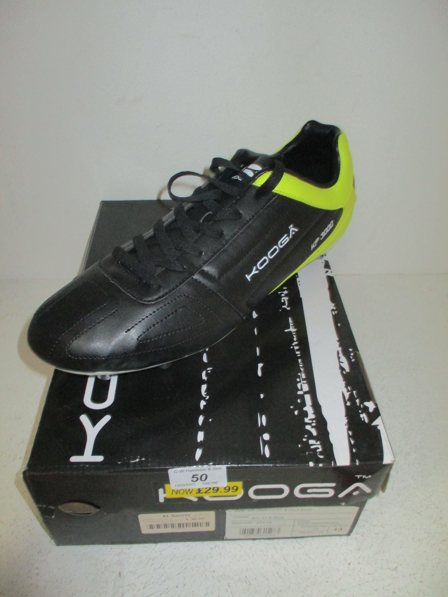 A pair of Kooga 3000 LCST 8 stud rugby boots size 13