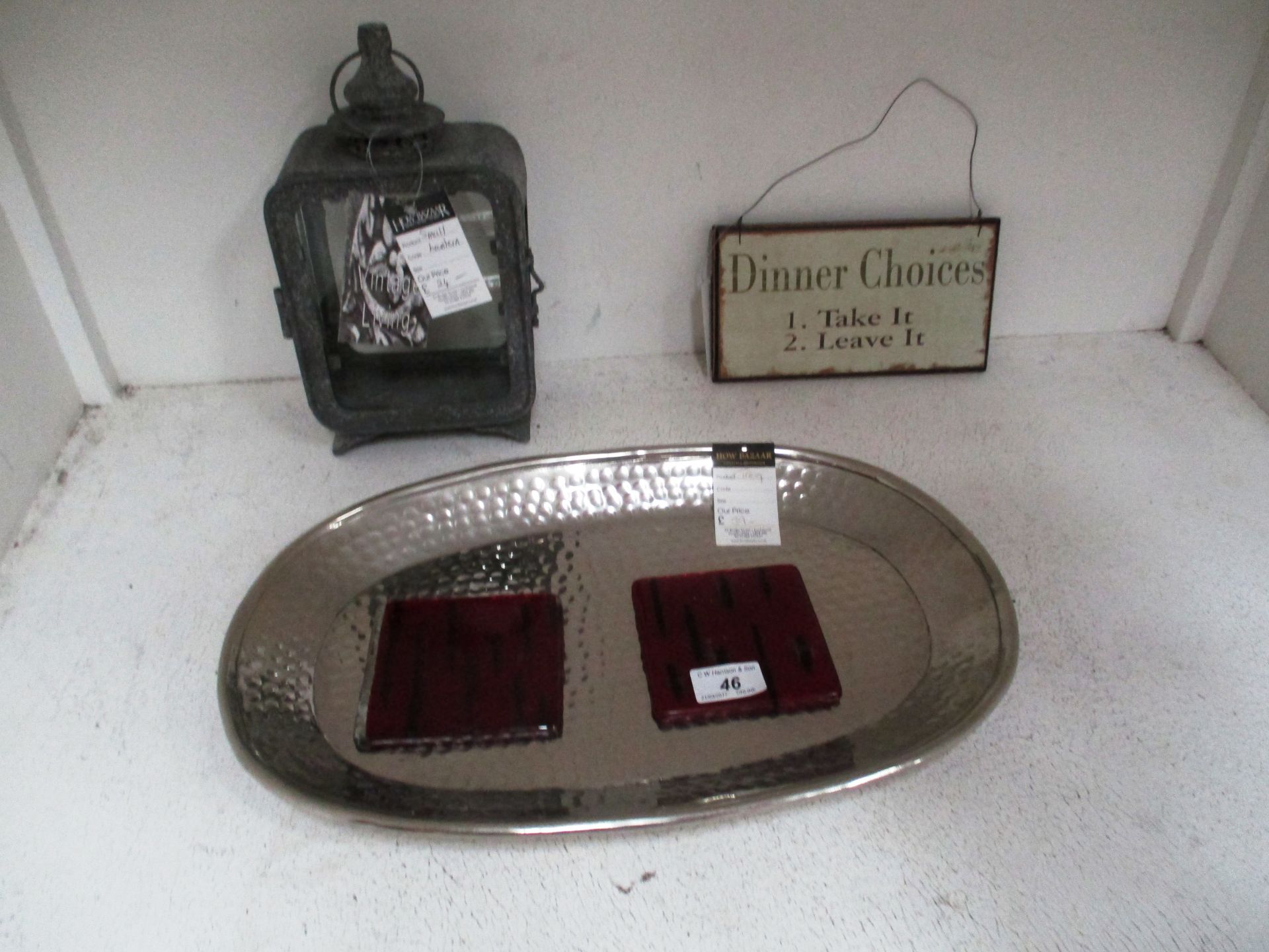 5 x items - a chrome serving tray, wooden wall hanging plaque,