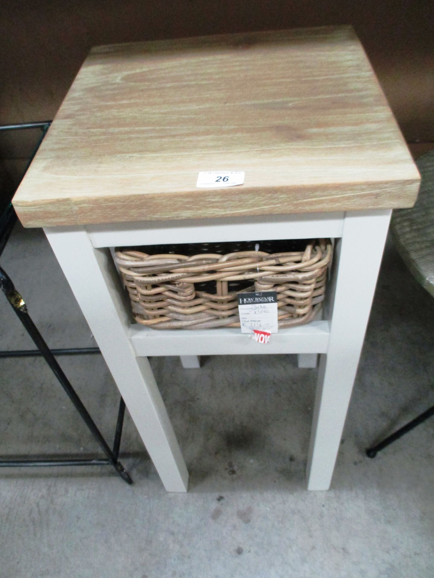 A shabby chic side table with a single drawer wicker basket RRP £114