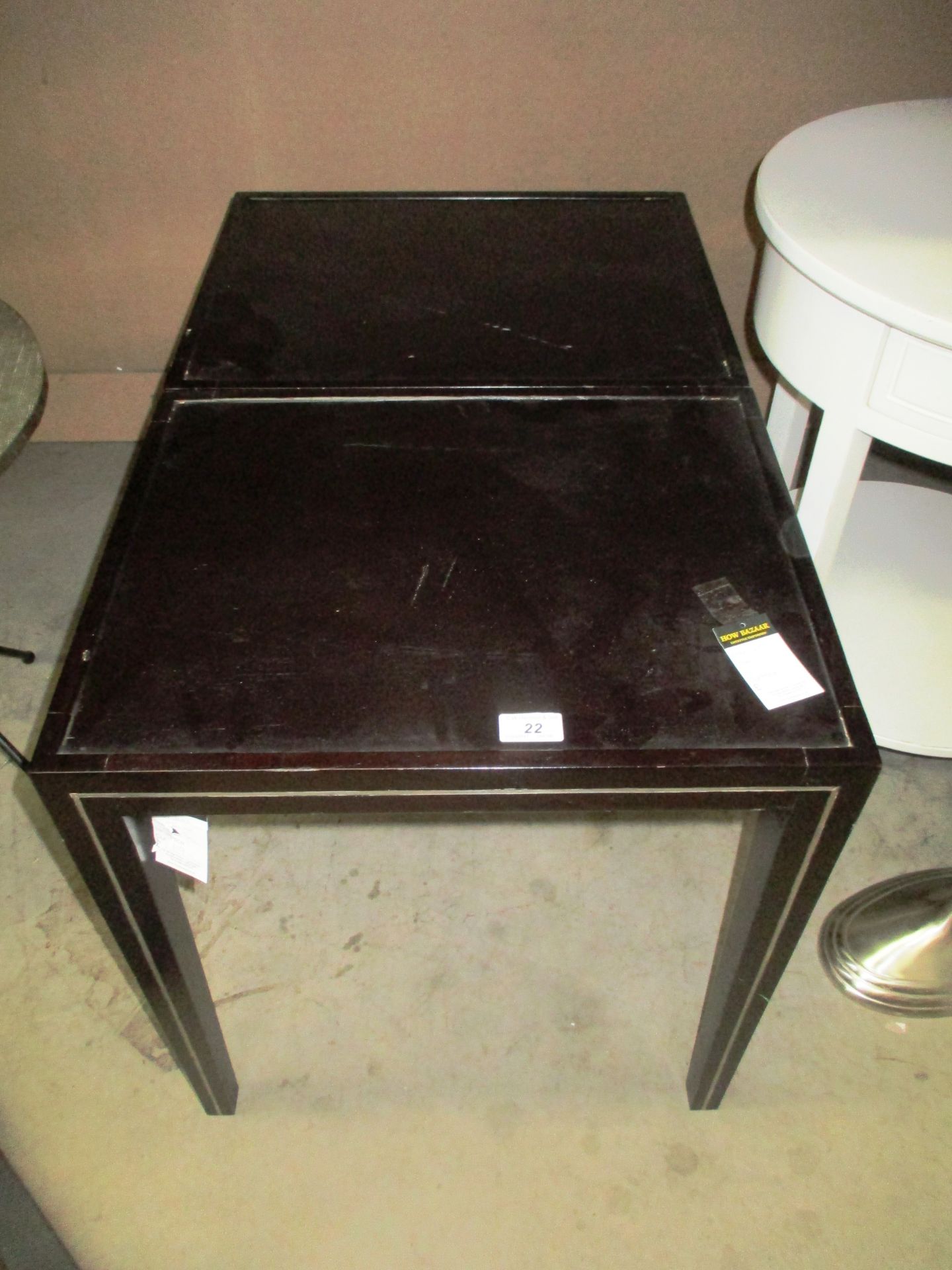 2 x black wooden side tables with silver metal inlay 40 x 50cm RRP £99 each