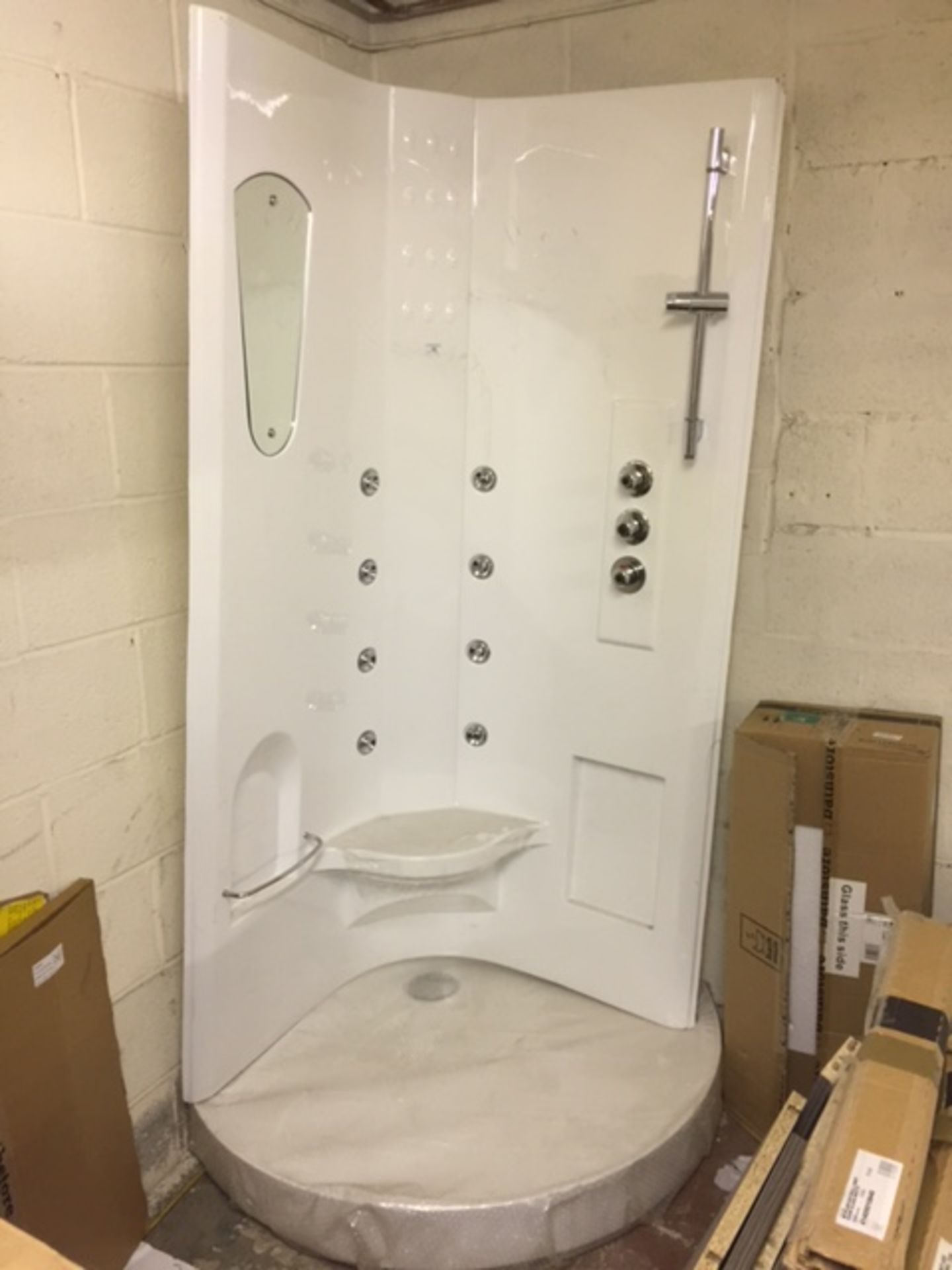 900x900 multi jet shower panel with thermostatic valve, integrated seat, mirror,