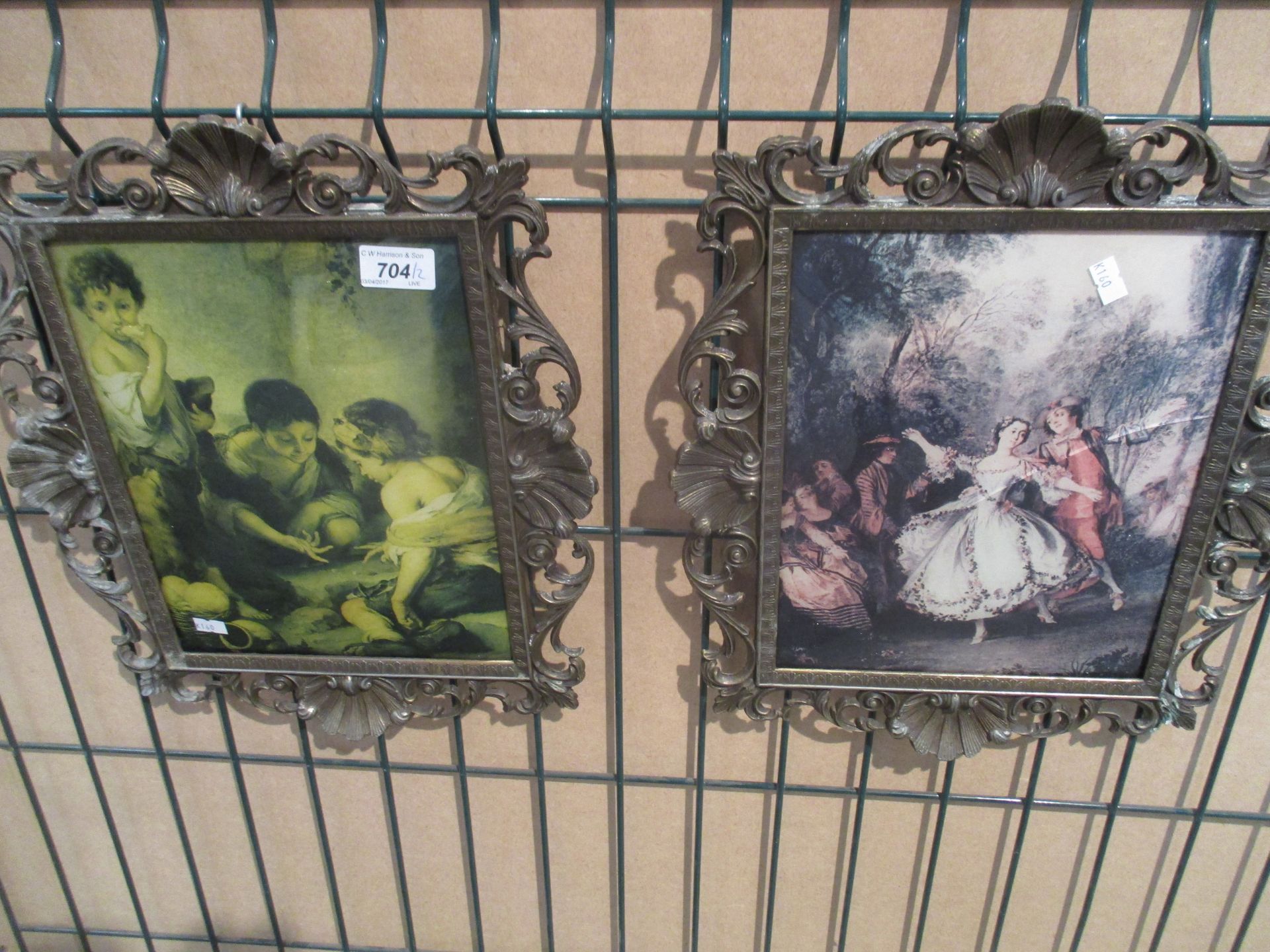 2 brass framed Italian pictures on glass each 32 x 24cm - 1 cracked glass