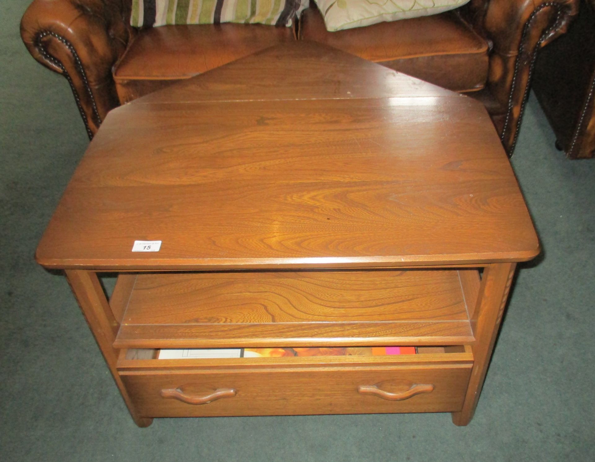 Oak television stand/coffee table with folding triangular back leaf and under drawer.