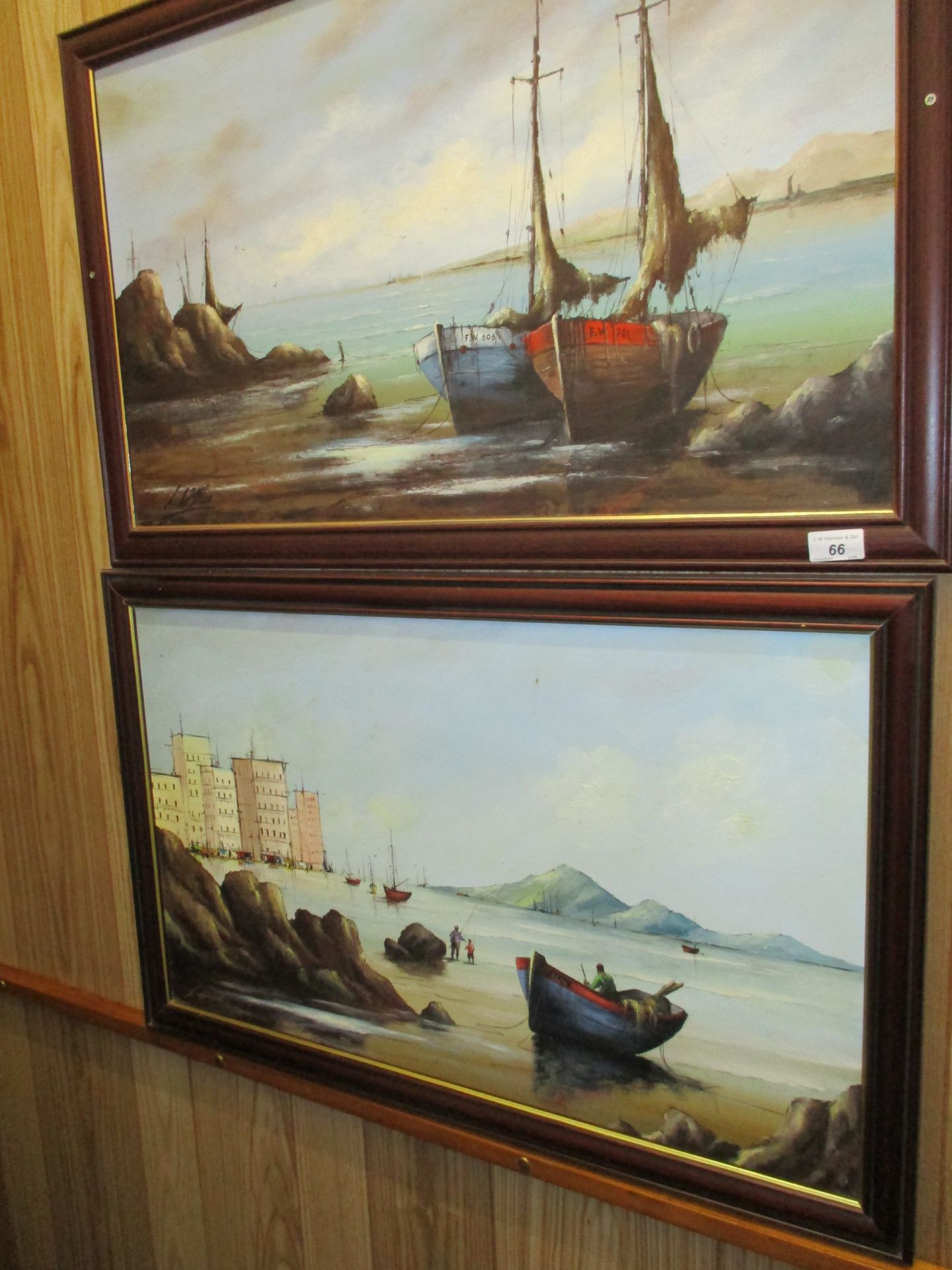 L. W. Mee two framed oils on board 'Moored Fishing Boats' each 53 x 84cm.