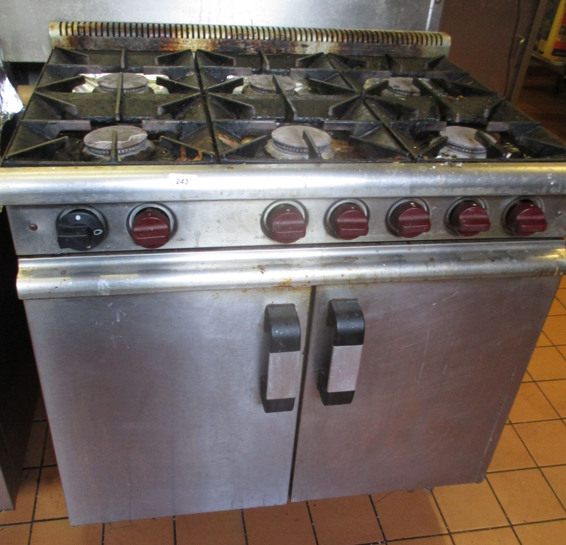 A stainless steel 6 burner two door gas cooker/oven.