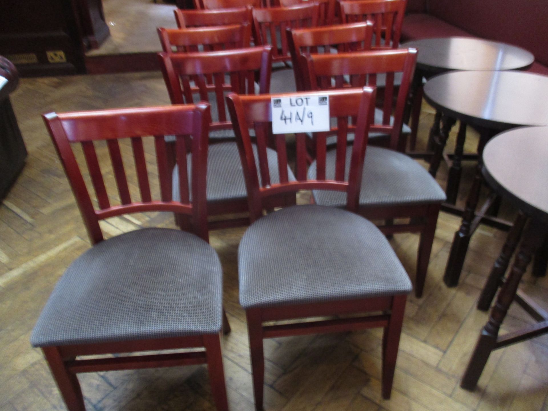 9 x medium stained wood dining chairs with grey patterned seats. - Image 2 of 2