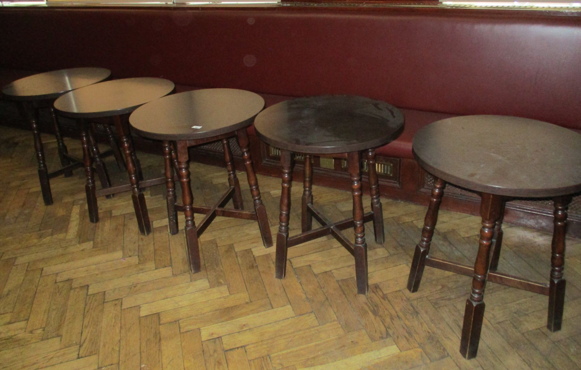 5 x dark oak finish circular bar tables - 60cm dia.