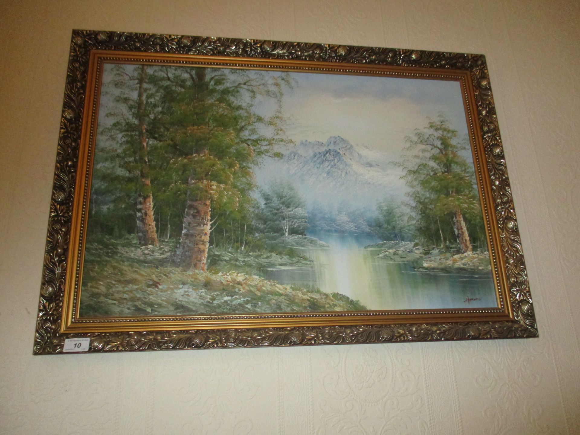 'Hanson' ornate gilt framed oil painting "River with mountains backdrop" 62 x 86cm and another