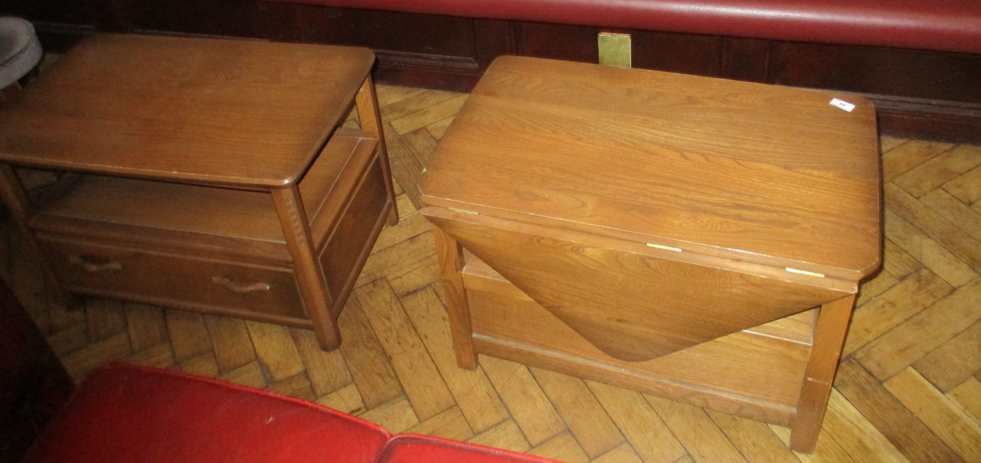 2 x oak television stand/coffee tables with folding triangular back leaf and under drawer.