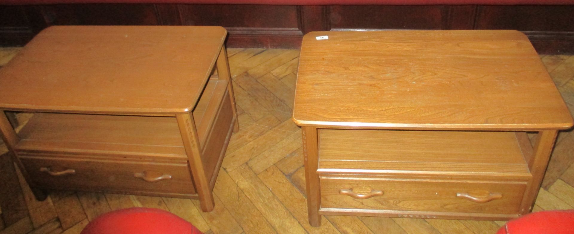 2 x oak television stand/coffee tables with folding triangular back leaf and under drawer.