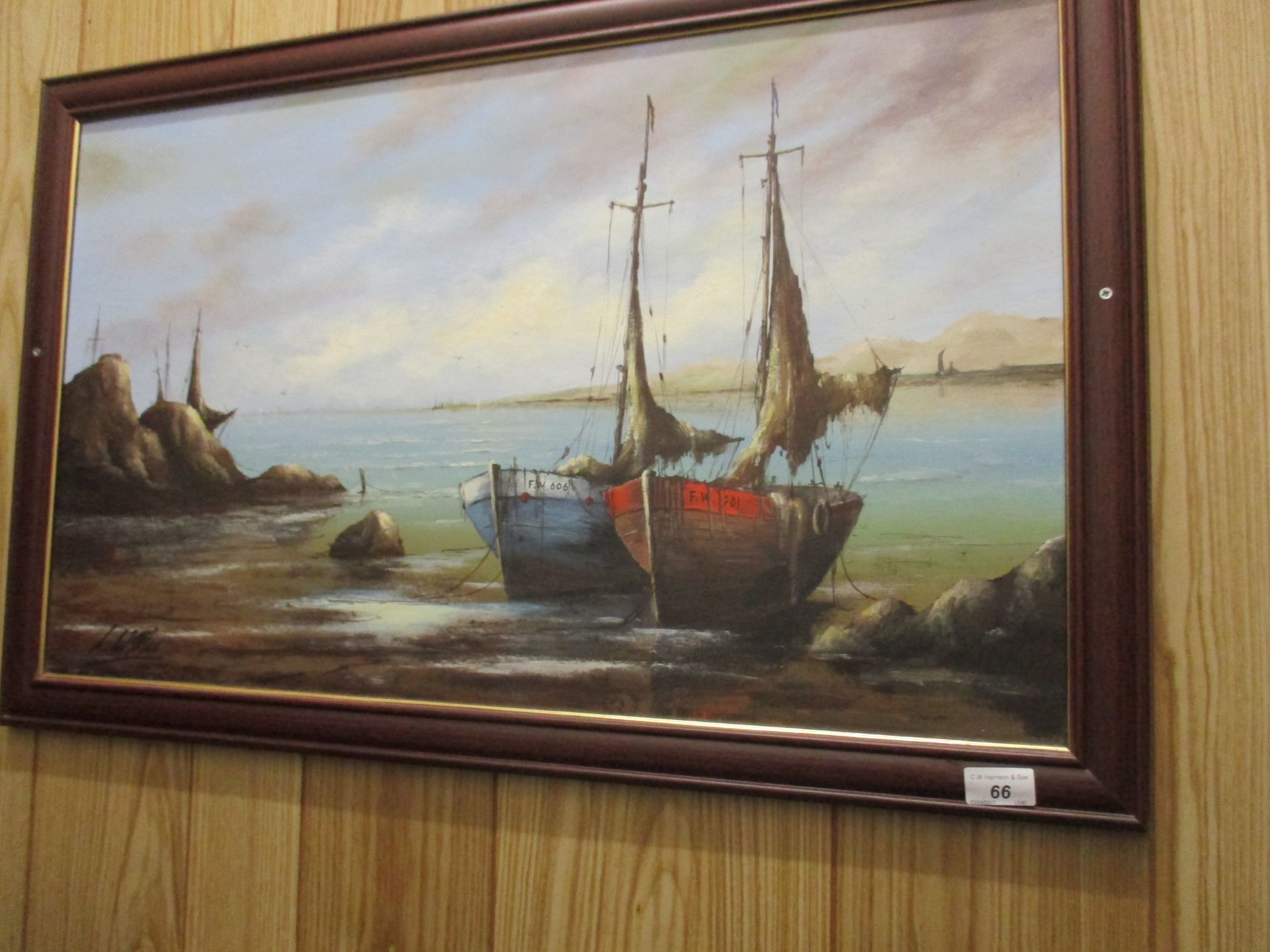 L. W. Mee two framed oils on board 'Moored Fishing Boats' each 53 x 84cm. - Image 2 of 2