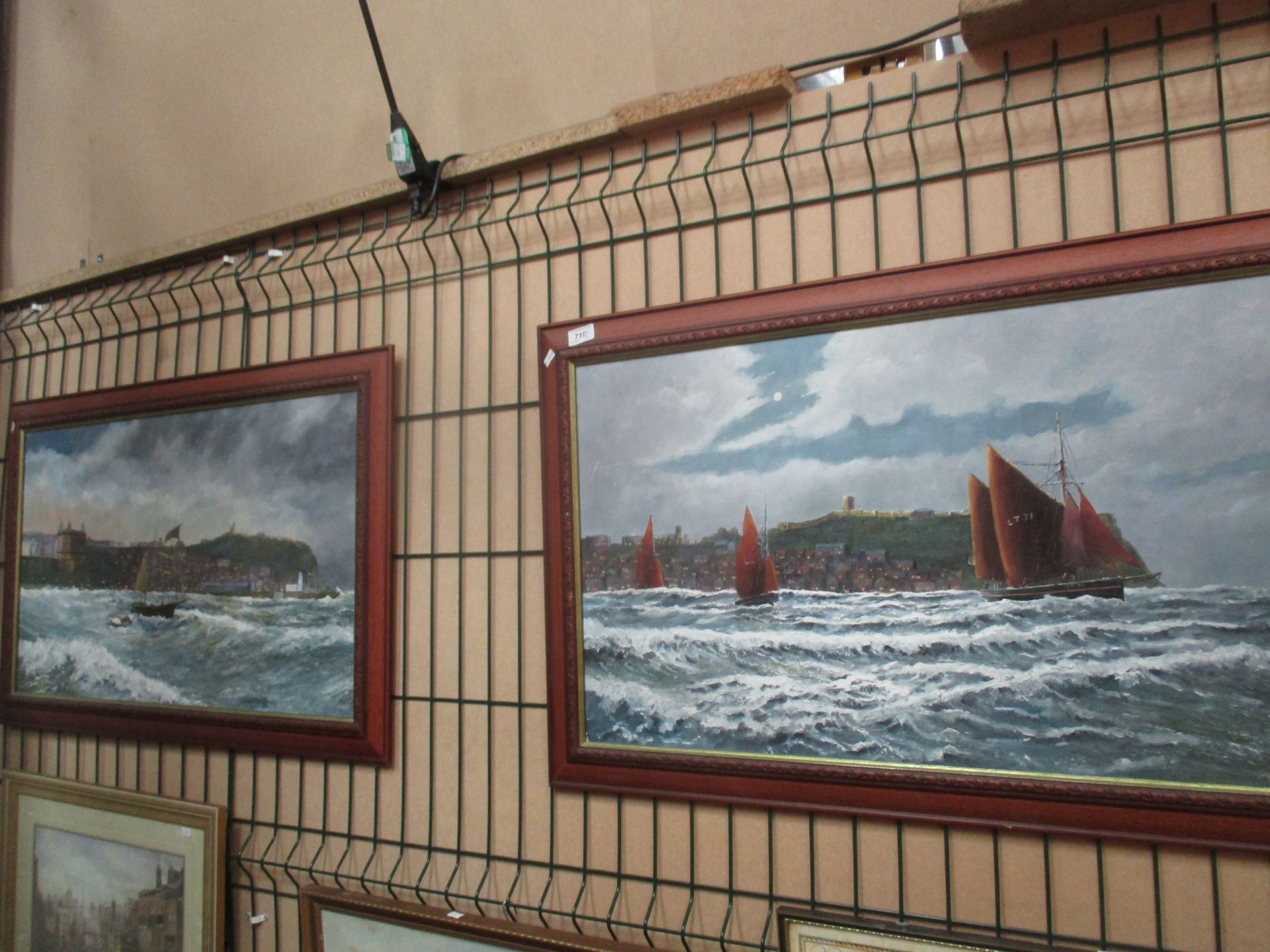 Robert Sheardan? pair of framed oils on board 'Shipping in choppy water off Scarborough' each 46 x