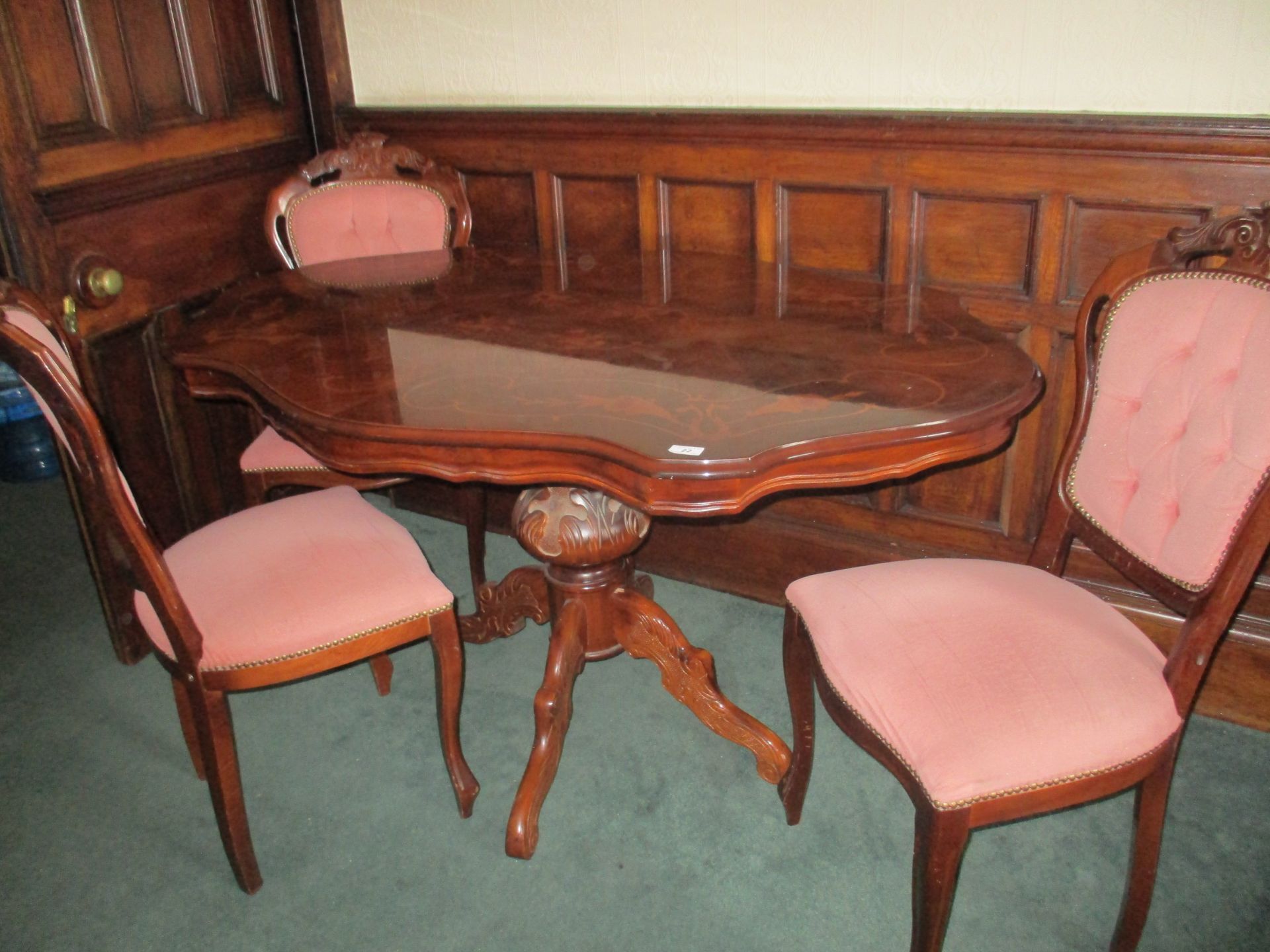 Italian style mahogany finish dining table on bulbous centre column support with four splayed legs