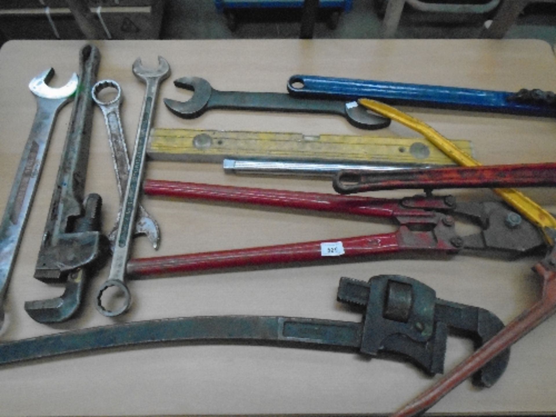 11 x assorted items - large metal spanners, record clamps, bolt choppers,