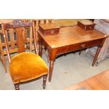 A mahogany single drawer side table with 2 top drawers and a mahogany chair with upholstered seat