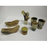 Four horn beakers, a jar and cover,