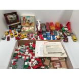 Contents to tray and a box - Bayko model building set pieces, manuals,
