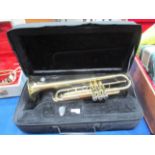 A Stagg 77-T universe of music brass trumpet in case complete with attachments