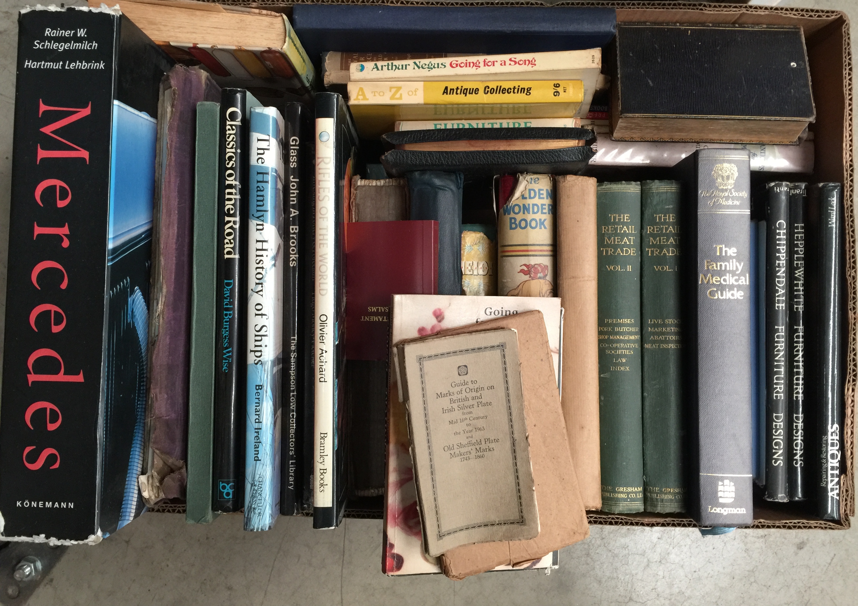 Contents to box - mainly hard back books on antiques, travel, 2 volumes The Retail Meat Trade,