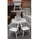 A white painted circular dining table 106cm and 4 white painted armchairs (5)