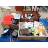 Contents to 3 trays - Braun Cebe 1 flash unit, quantity DVD's, small pair binoculars, sewing kit,