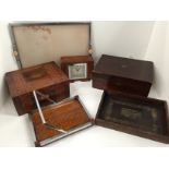Walnut writing box, mahogany box, oak cased Smiths electric clock, 3 various trays,