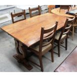 Oak refectory dining table 84 x 152cm with 4 oak dining chairs with beige floral patterned