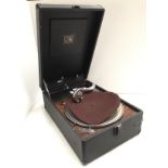 His Masters Voice portable gramophone in black vinyl case