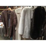 Light brown fur stole, 2 x simulated fur jackets,