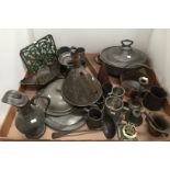 Pewter and brassware to include tankards, funnel,