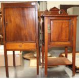 A mahogany single door bedside cupboard with under tray and another with single door and under