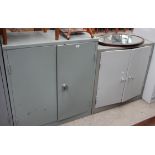 2 x grey metal 2 door stationery cabinets 1 x 92 x 102cm high complete with shelves and 1 x 90 x
