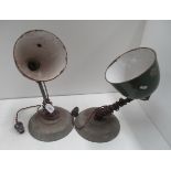 Pair of old angle lamps with green enamel shades