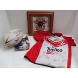 3 items of Rugby league interest - an embroidered Bradford Bulls emblem in frame signed by various