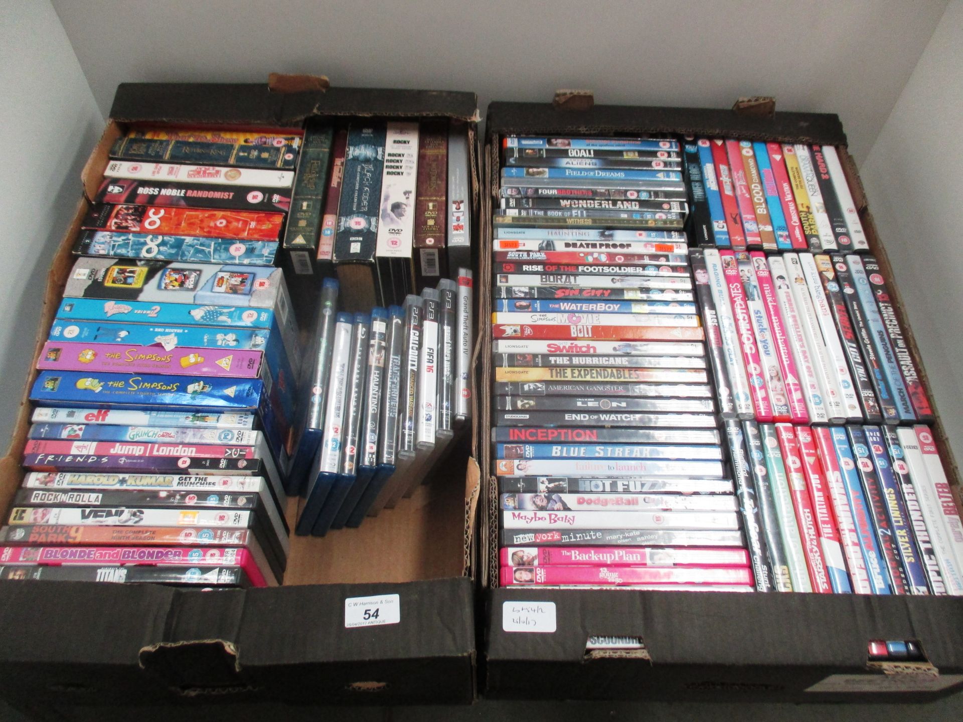Contents to two boxes 112 items - DVDs, DVD box sets, PS3 games, Blue Ray discs etc - The Simpsons,