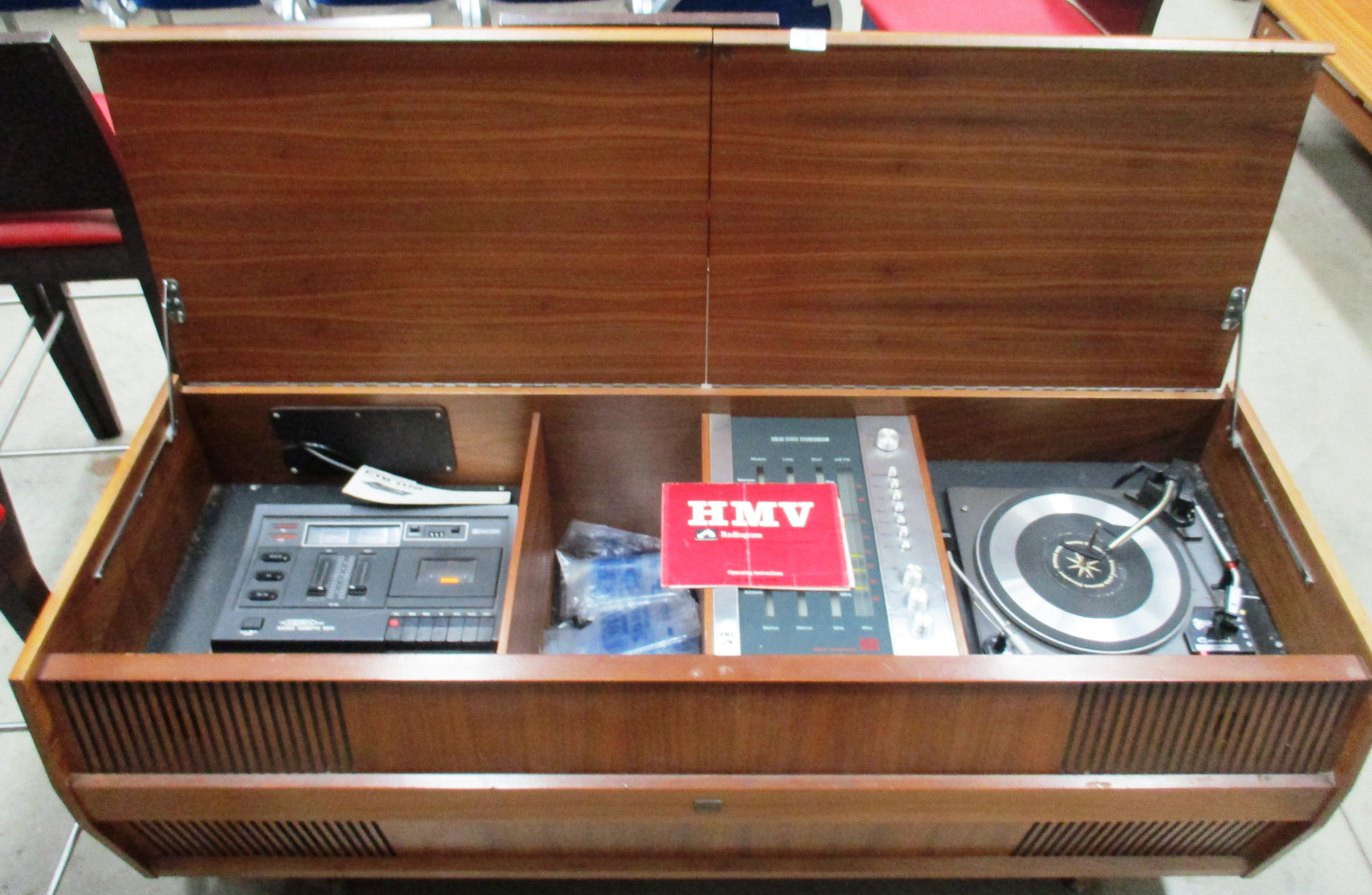 An HMV 2340 radiogram in teak case with Garrard 3000 record deck and a Crown stereo cassette deck