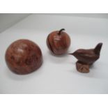 A turned wood apple with paper label Olivier, a burr elm paperweight with label Jane Orme,