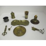 A horn beaker, 7 various items brassware - trays,