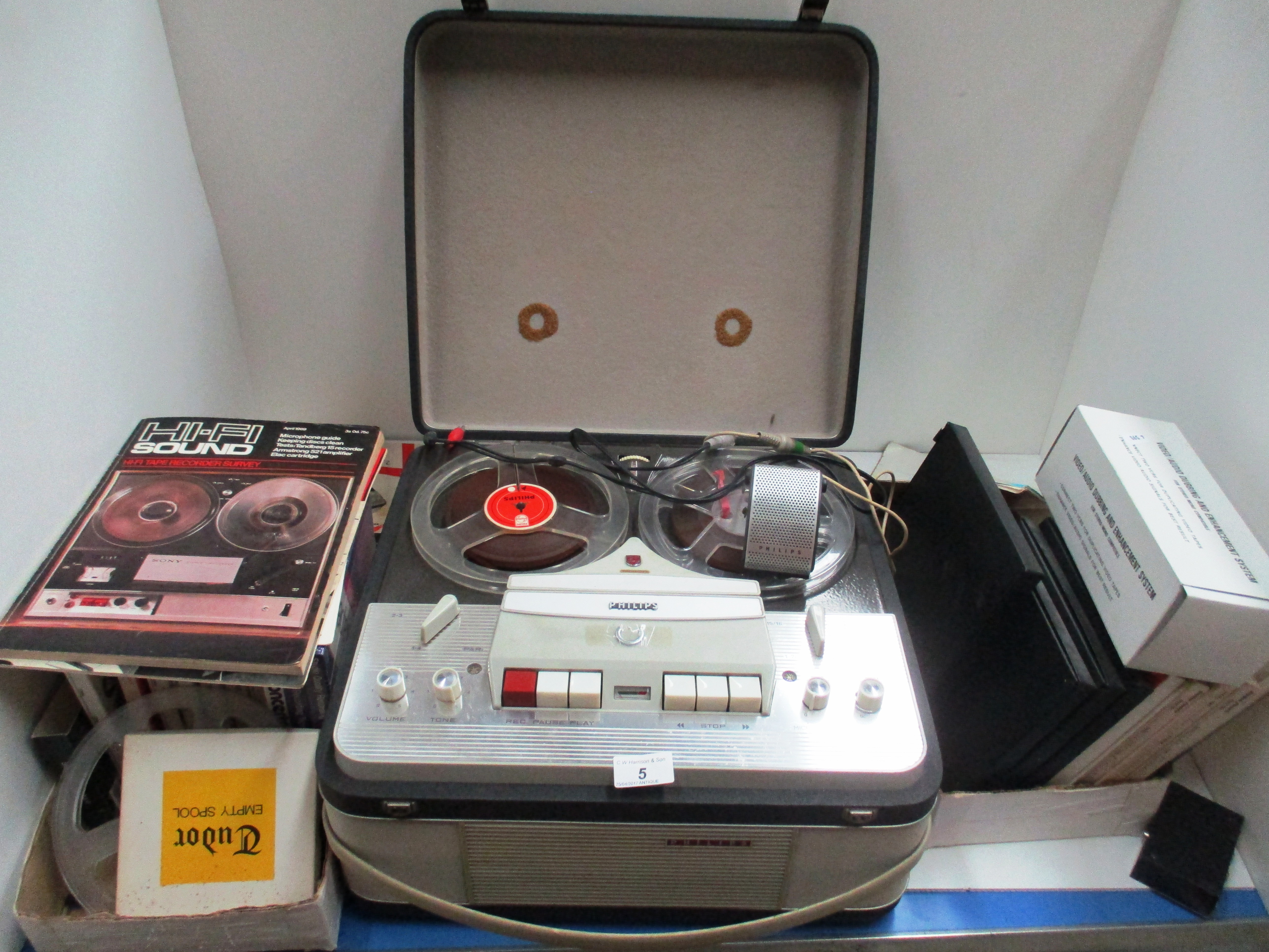 A Philips model EL3549 reel to reel tape recorder with built in remote and a quantity of reel to